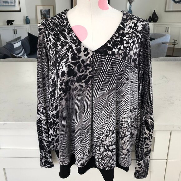 Joseph Ribkoff Lg Slv V Neck Layered Abstract Print Flowy Top Blk Grey Wht Sz 2 - Picture 10 of 10